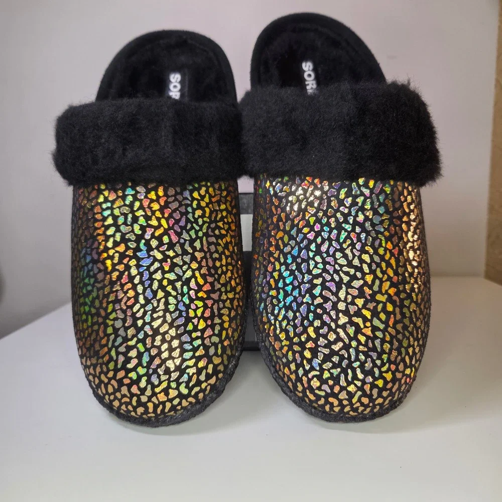 Sorel Youth Nakiska Slide II Black Sea Salt Metallic Holographic Slippers Size 7